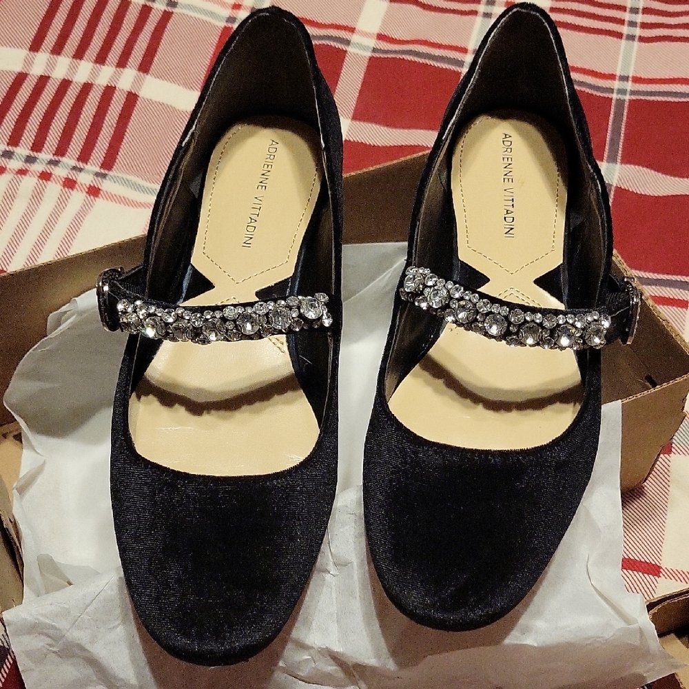Adrienne Vittadini Black Velvet Mary Jane Flats with Crystal Strap